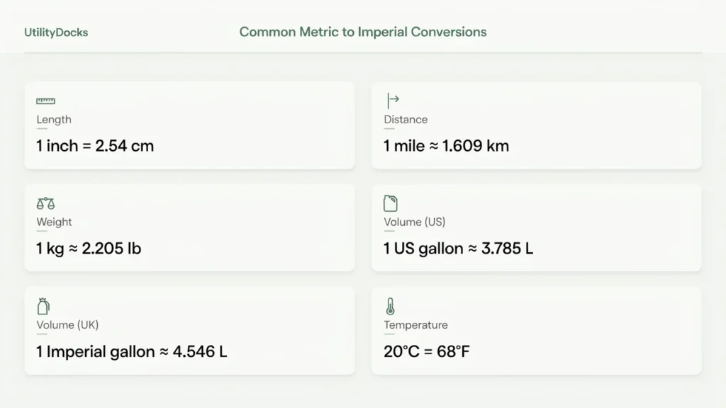Metric vs Imperial Units: Differences & Conversion Chart 4 Common metric to Imperial conversions for length, weight, volume, and temperature.
