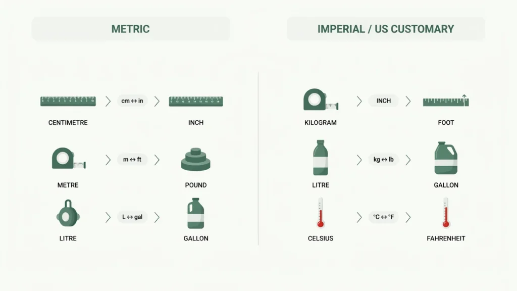 Metric vs Imperial Units: Differences & Conversion Chart 2 Metric vs Imperial comparison showing centimetres, inches, kilograms, pounds, litres, gallons, Celsius, and Fahrenheit.