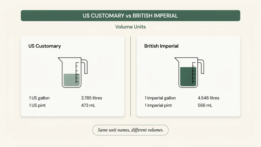 Metric vs Imperial Units: Differences & Conversion Chart 3 US customary vs British Imperial gallon and pint comparison with litre and millilitre values.