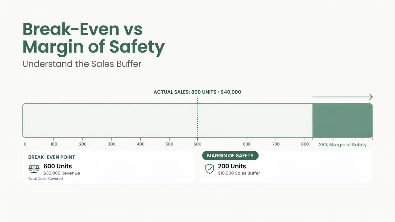 Break-even point vs margin of safety showing 600 break-even units, 800 actual sales and a 25% sales buffer.