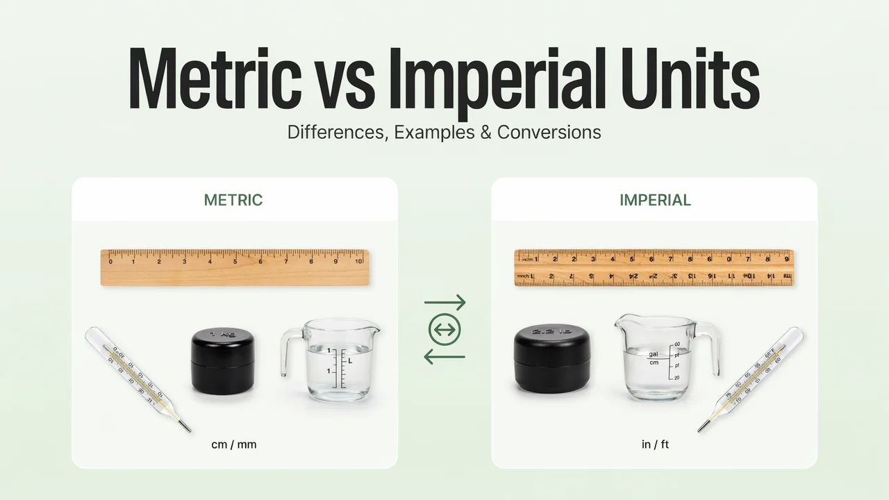 Metric vs Imperial units comparison showing centimetres, inches, kilograms, pounds, litres, gallons, Celsius, and Fahrenheit.