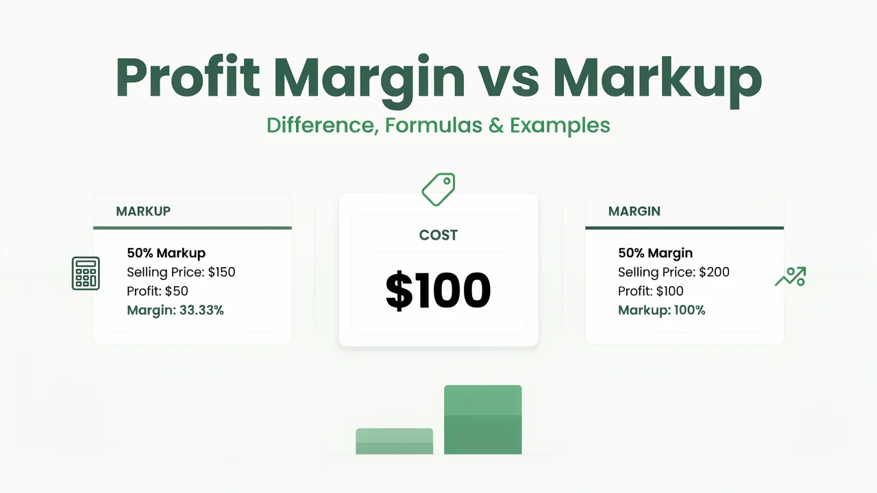 Profit margin vs markup comparison showing cost, selling price, profit, margin, and markup percentages.