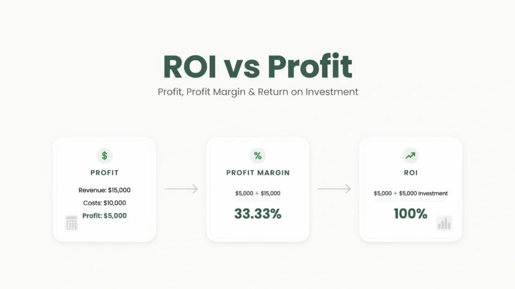 ROI vs Profit: Difference, Profit Margin & Examples 1 ROI vs profit comparison showing profit, profit margin, investment cost, and return on investment examples