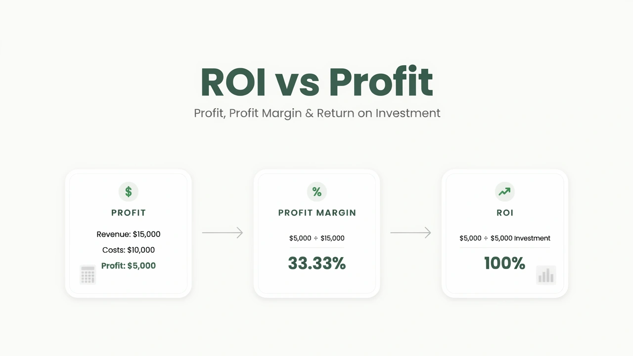 ROI vs profit comparison showing profit, profit margin, investment cost, and return on investment examples